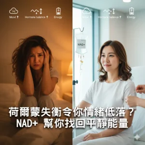 荷爾蒙失衡與情緒波動示意圖，展示 NAD+ 靜脈療程對情緒管理的支援作用