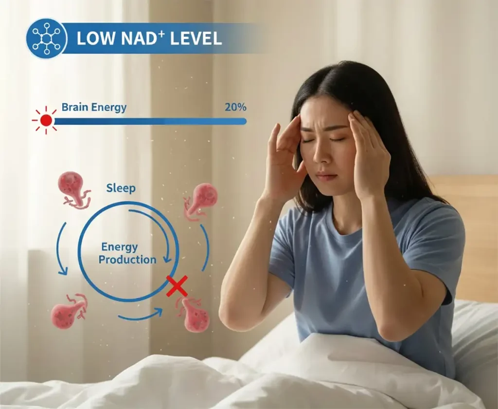 Tired Asian woman rubbing temples in the morning, with "Low NAD+ Level" and "Brain Energy 20%" infographic overlay. Editorial style, blue medical theme.