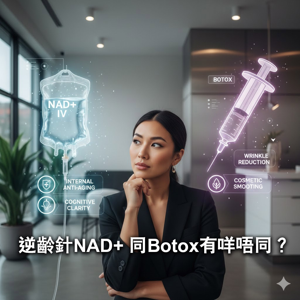 Botox 與 NAD⁺ 逆齡針分別圖解，內在修復與表面抗老比較 -Drip Hydration HK