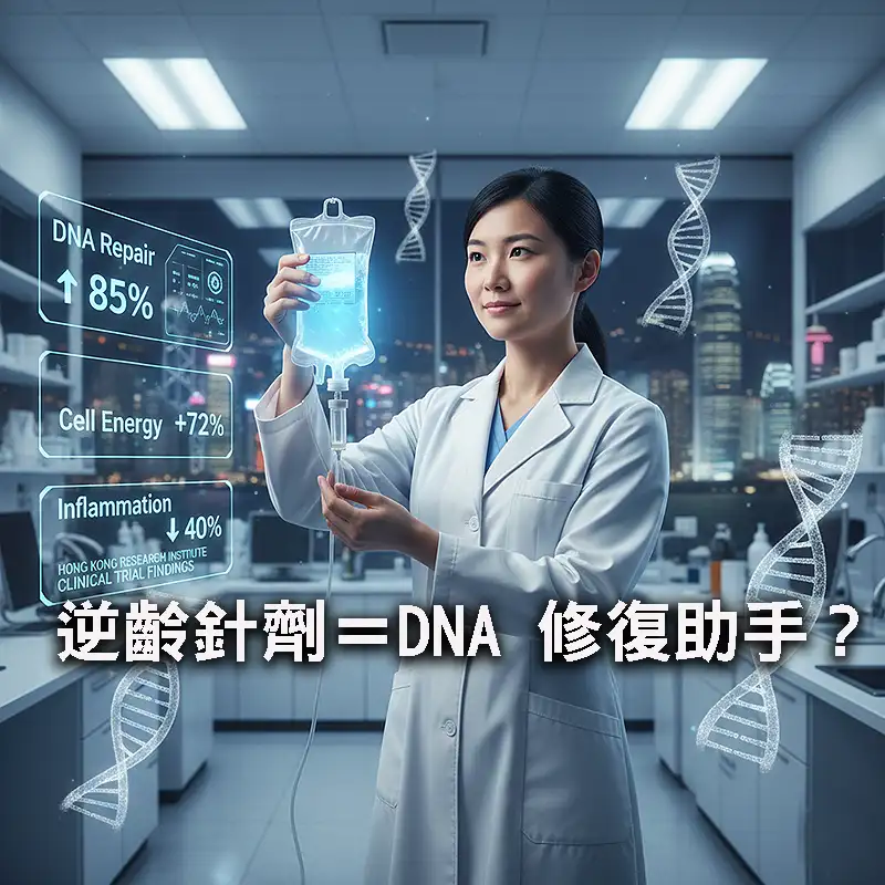 NAD+ 逆齡針劑支援 DNA 修復的科普示意圖，展示 Sirtuins 長壽蛋白與細胞能量提升過程。