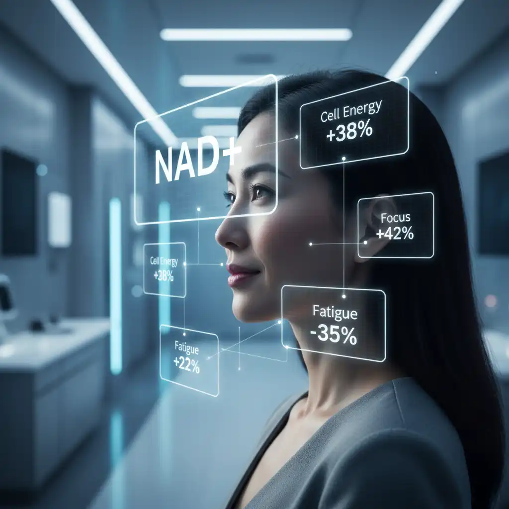 NAD+ 靜脈注射逆齡療程示意圖，展示 Drip Hydration HK 提供的功能性抗老與健康管理方案