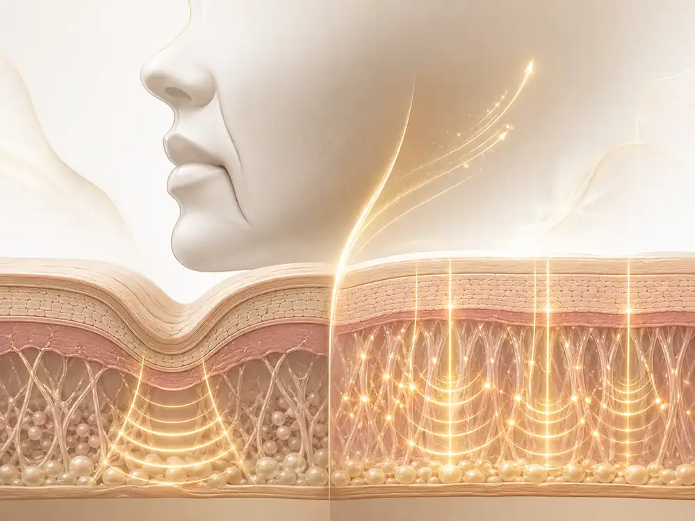 XERF雙頻電波拉皮改善皮膚鬆弛及法令紋示意圖，VITAURA STUDIO介紹膠原增生與非入侵式緊膚療程原理